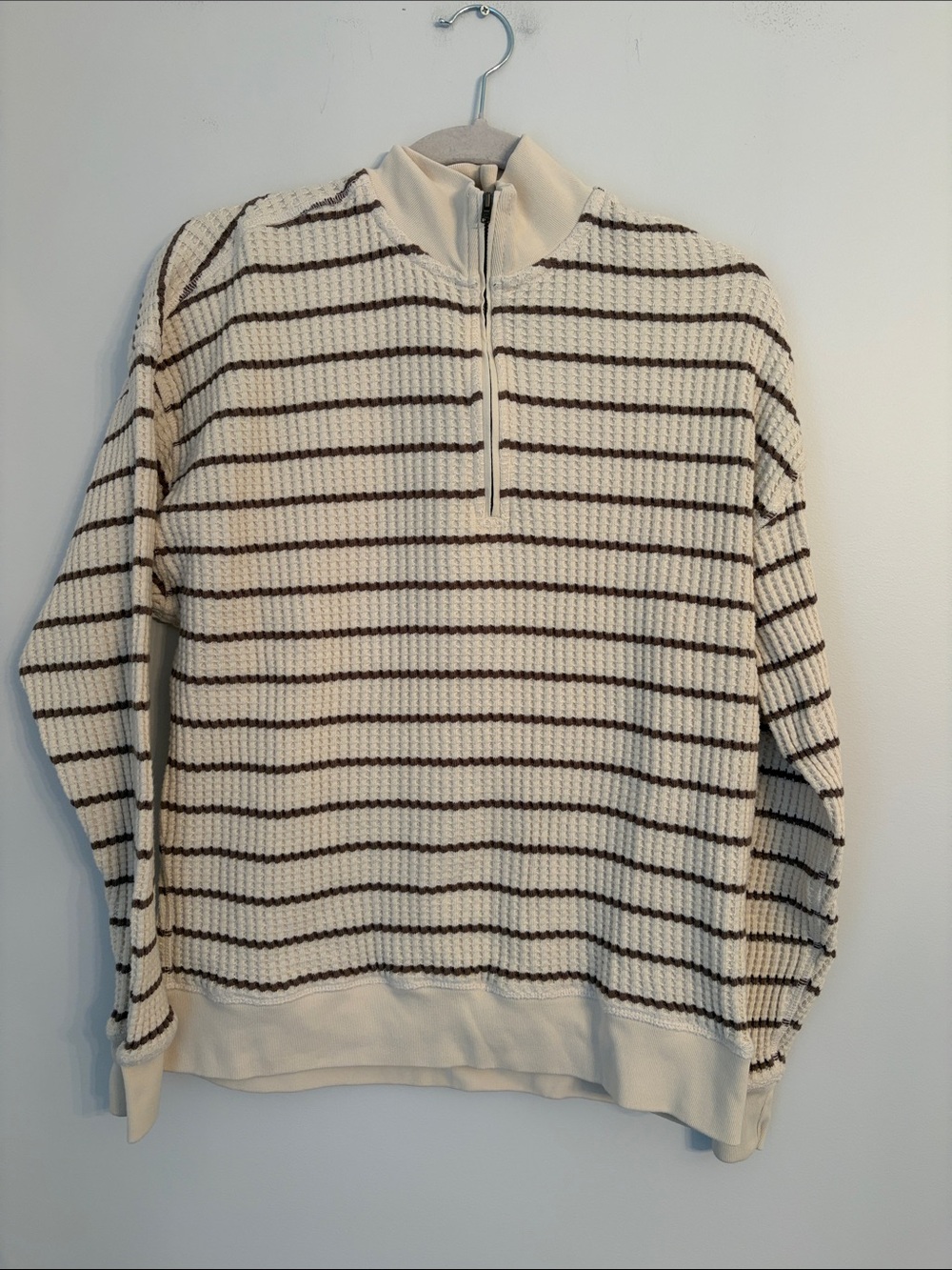 MATE the Label Cream Organic Cotton Quarter Zip-Up Sweater with Brown Stripes